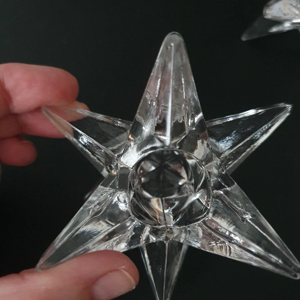 2 Vintage MCM Atomic Sparkling Glass 9-Point Star Shaped Candle Holders